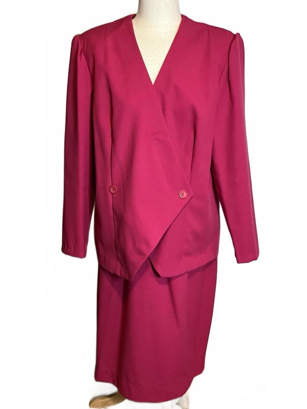 Vintage Bright Pink Asymmetrical Jacket & A-line Skirt Suit Set 16 USA 80/90s